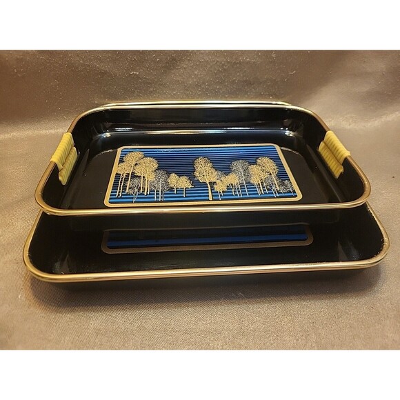 VTG 80s Srednick Serving Trays 2 - Gold Trees Black Blue Sky Japanese Stack - Picture 13 of 13